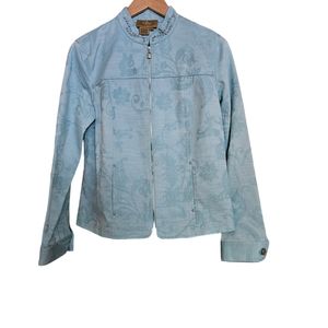 Peck & Peck Weekend Cottage Aqua Denim Floral Print Studded Short Jacket Sz 10